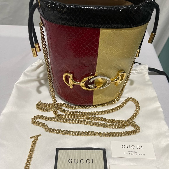NEW Gucci Zumi Tricolored Snakeskin Drawstring Crossbody Bucket Bag - Picture 5 of 12